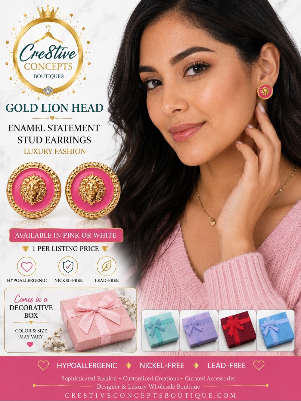 Gold Lion Head, Lux Vibes Enamel Statement Stud Earrings-1 Pink or White